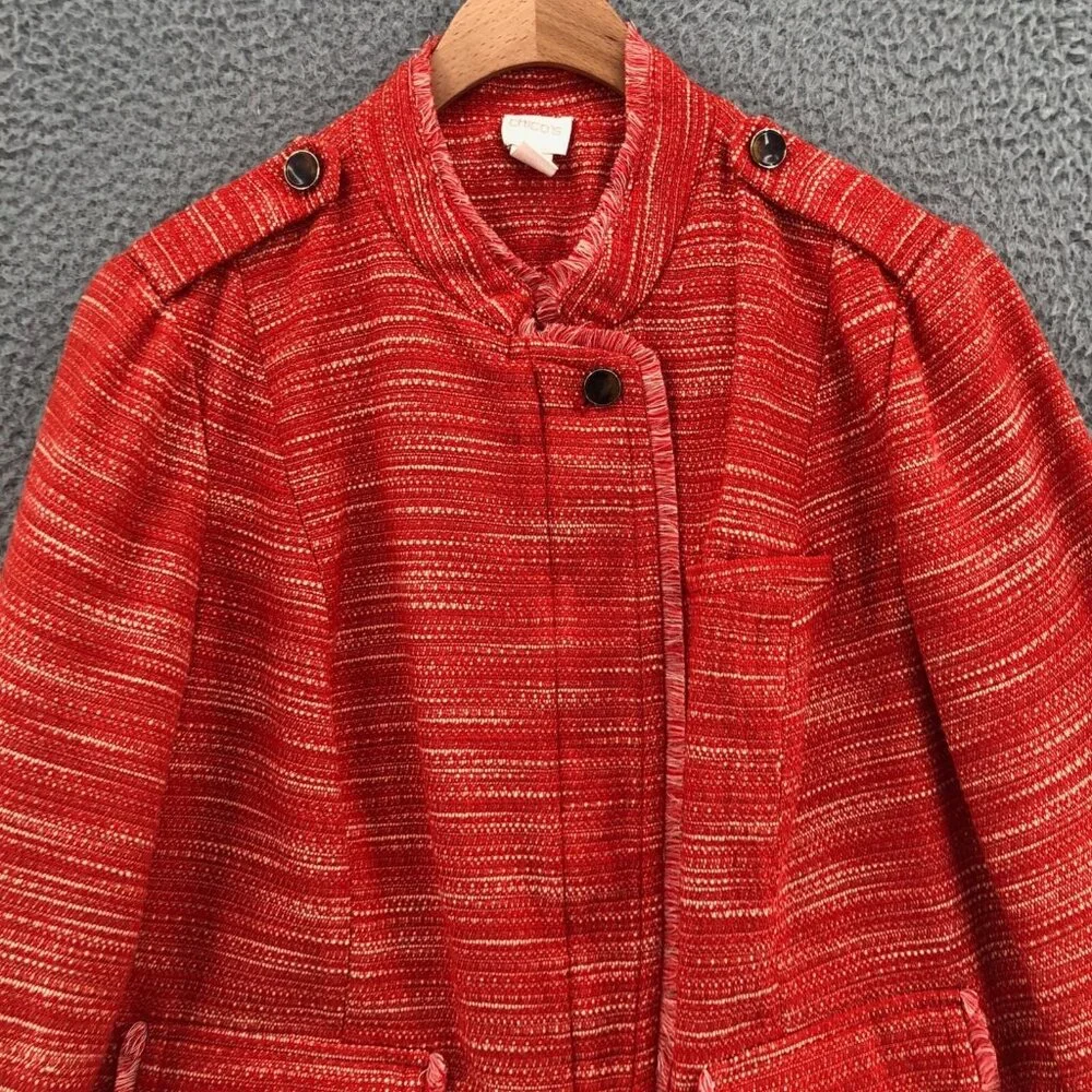 Chicos Blazer Womens 2 US 12 Orange Fringe Zip Up Pockets Office Work Outerwear - Picture 2 of 10